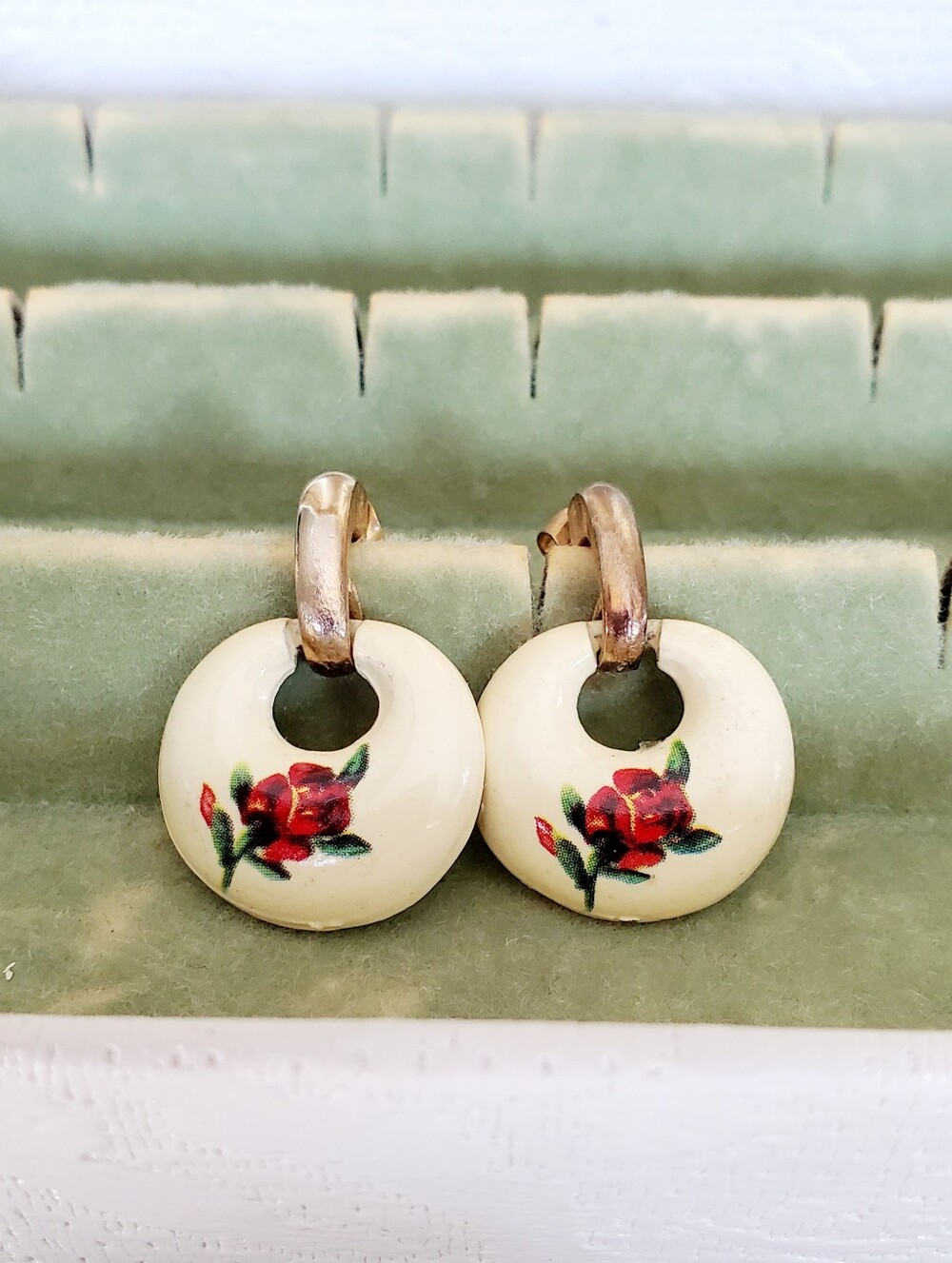 Vintage Cream Hoop Earrings with Red Rose Motif
